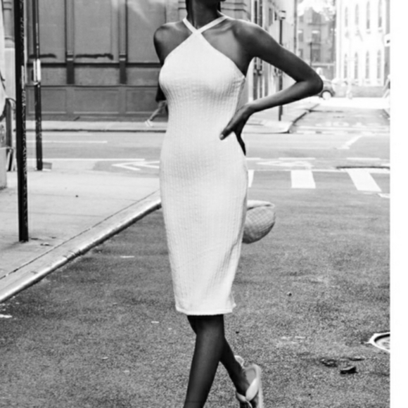 Zara White Cross Neck Halter Midi Dress Sz Large Ribbed Fitted Cable Knit - Picture 1 of 7